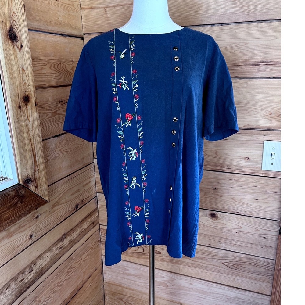 Linen Blend Tunic Blouse Womens Extra Large Blue Floral Embroidered Cellabie